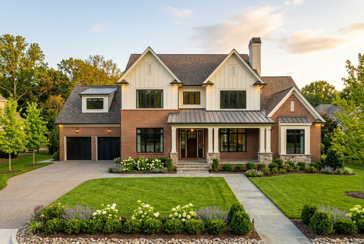 Modern Charlotte custom-built home exterior with stone, lap siding, and manicured front lawn