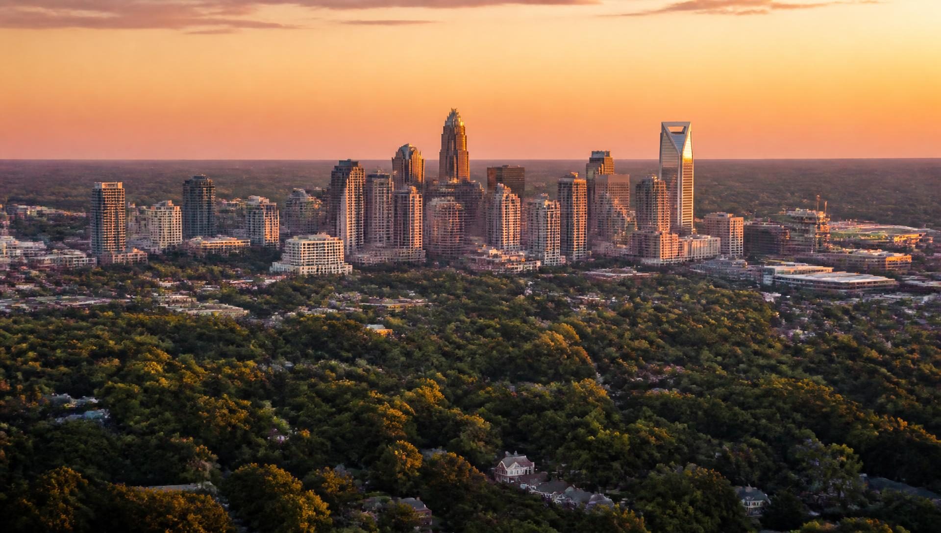 Panoramic view of the Charlotte NC skyline at sunset framed by mature oak trees and rooftops of an established Queen City neighborhood