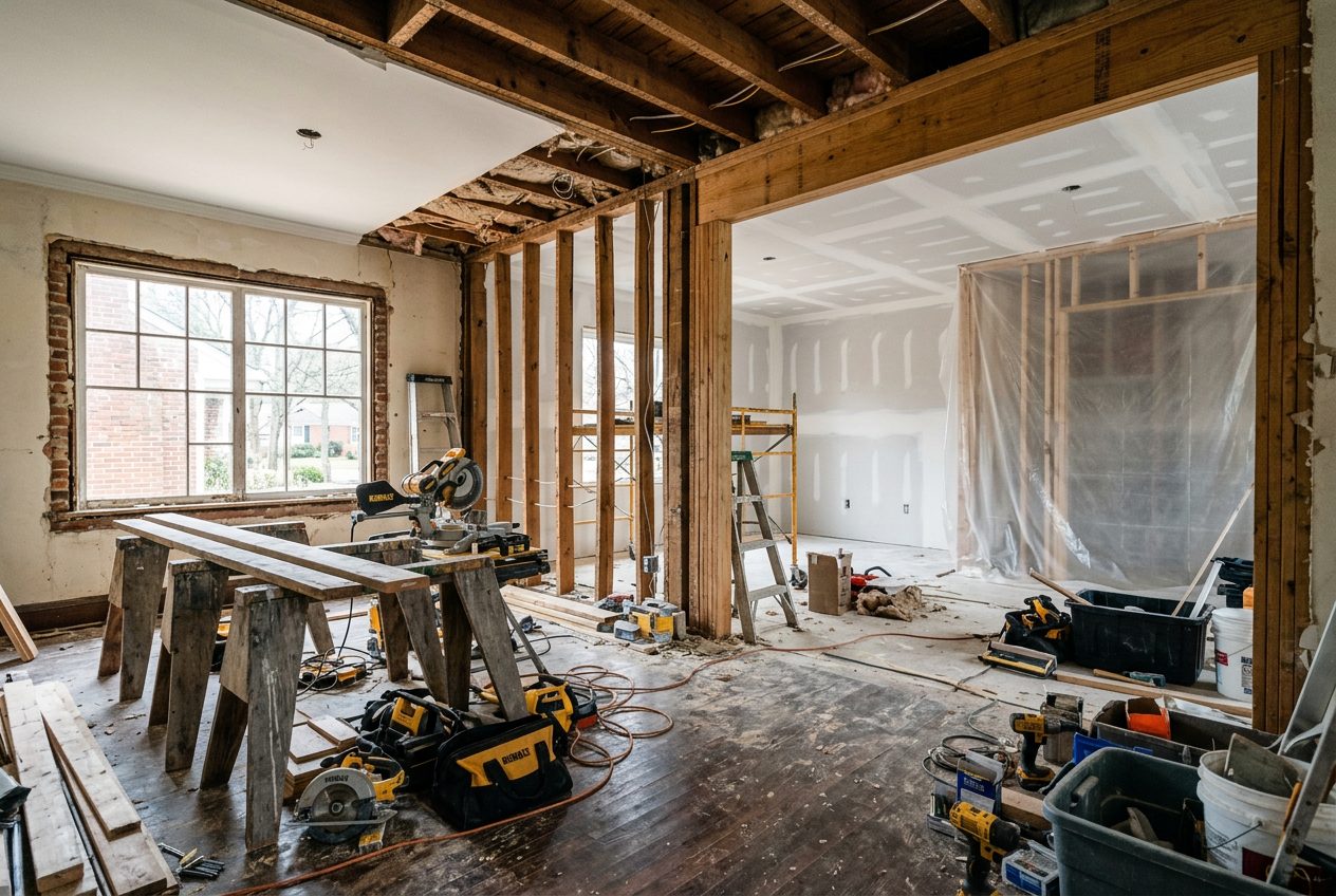 Charlotte home renovation in progress with new hardwood floors and freshly painted trim