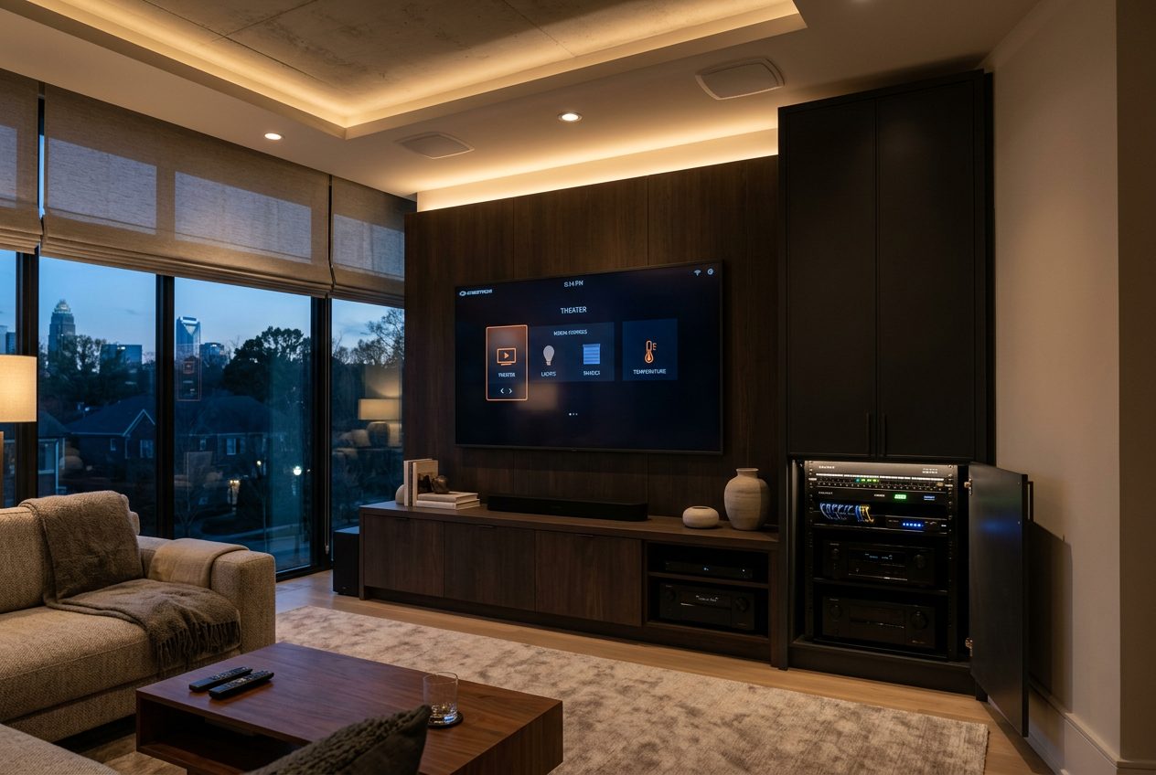 Smart home control panel mounted in a contemporary Charlotte living room with integrated lighting